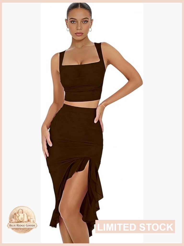 Two Piece Skirt Set Sleeveless Crop Top Ruffle Hem Side Slit Bodycon Midi